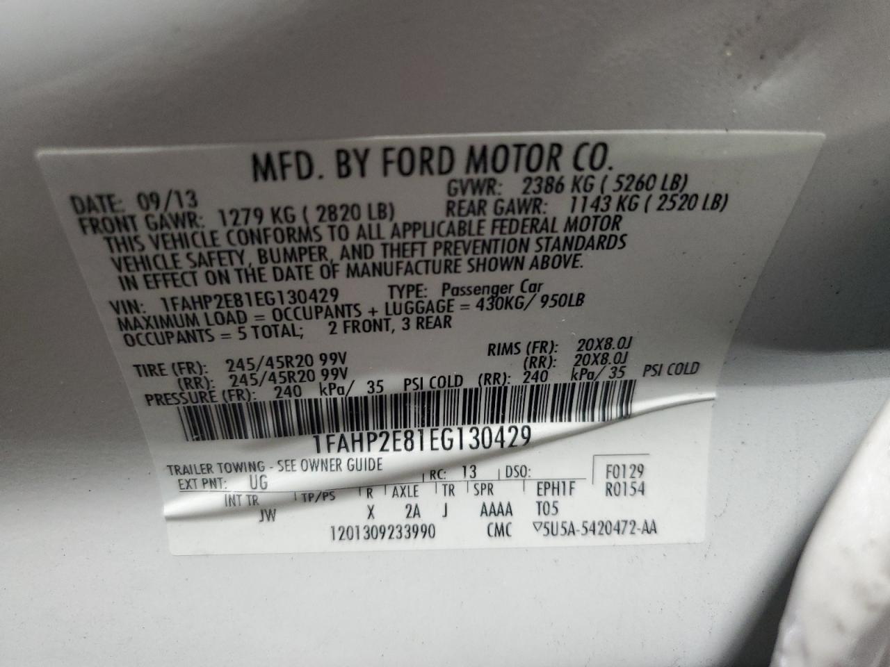 2014 Ford Taurus Sel VIN: 1FAHP2E81EG130429 Lot: 86457355