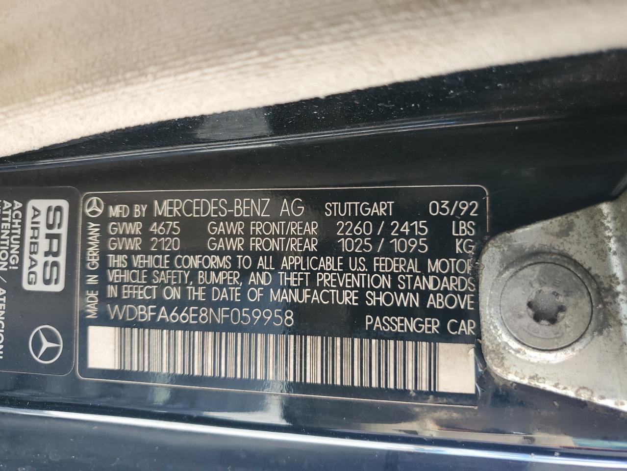 1992 Mercedes-Benz 500 Sl VIN: WDBFA66E8NF059958 Lot: 89496365