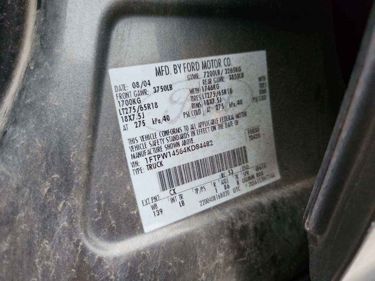 2004 Ford F150 Supercrew VIN: 1FTPW14564KD84482 Lot: 87044185