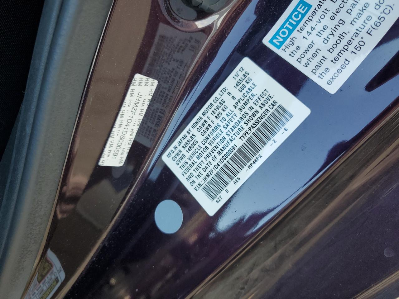 2013 Honda Uk VIN: JHMZF1D41DS000591 Lot: 82661035