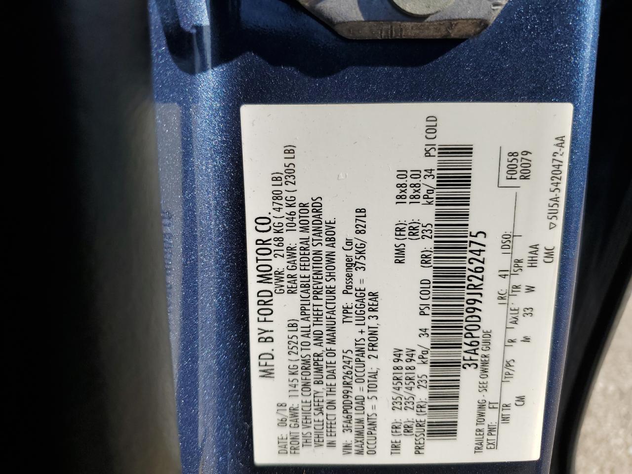 2018 Ford Fusion Titanium/Platinum VIN: 3FA6P0D99JR262475 Lot: 90800865