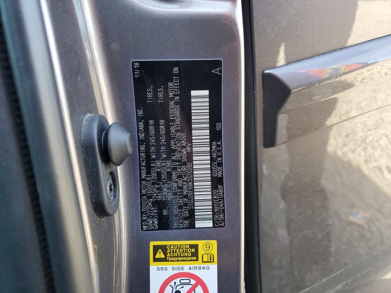 2019 Toyota Highlander Se VIN: 5TDJZRFHXKS570292 Lot: 84657215