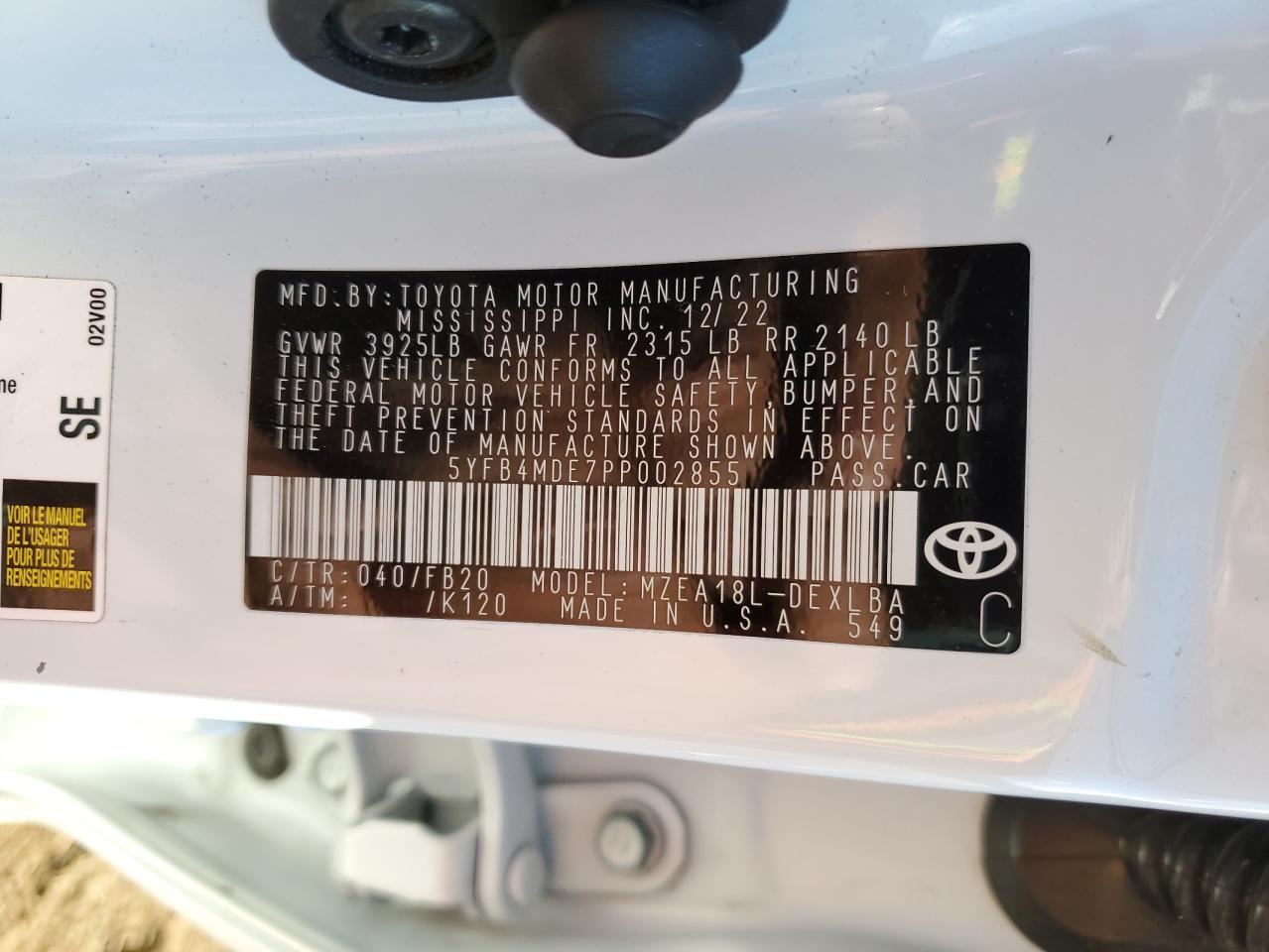 2023 Toyota Corolla Le VIN: 5YFB4MDE7PP002855 Lot: 85650805