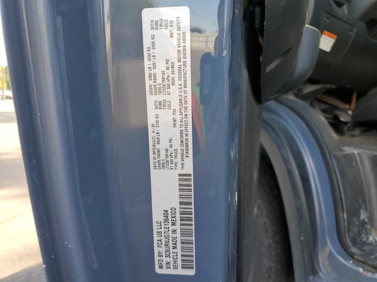 2020 Ram Promaster 3500 3500 High VIN: 3C6URVJG7LE136404 Lot: 84786575