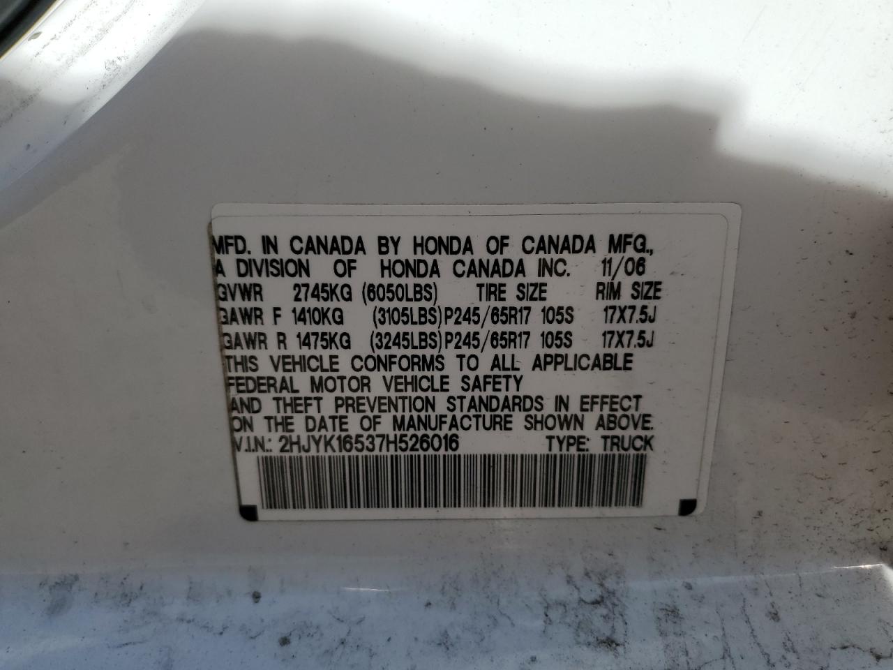 2007 Honda Ridgeline Rtl VIN: 2HJYK16537H526016 Lot: 90301275
