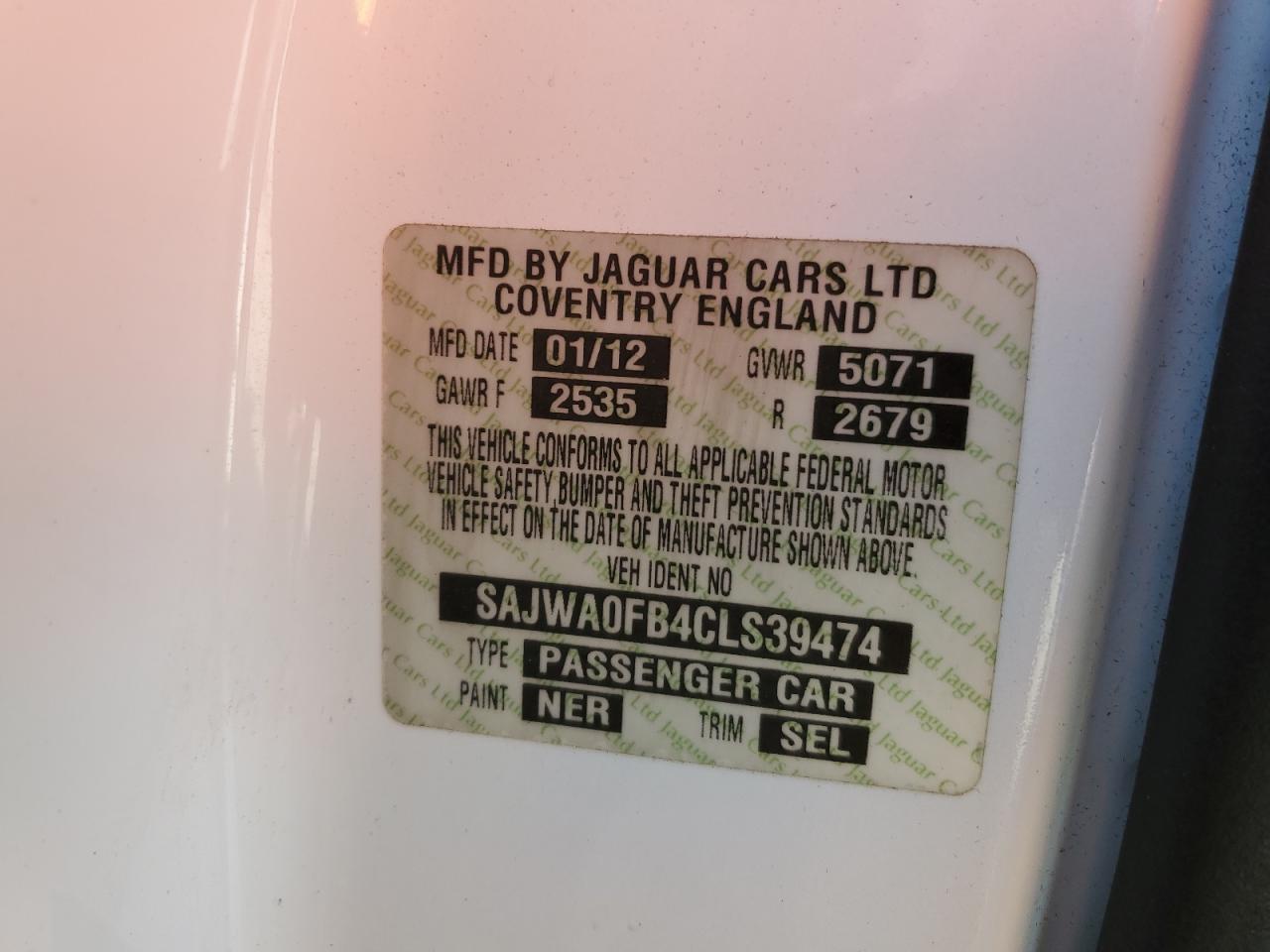 2012 Jaguar Xf VIN: SAJWA0FB4CLS39474 Lot: 84480235