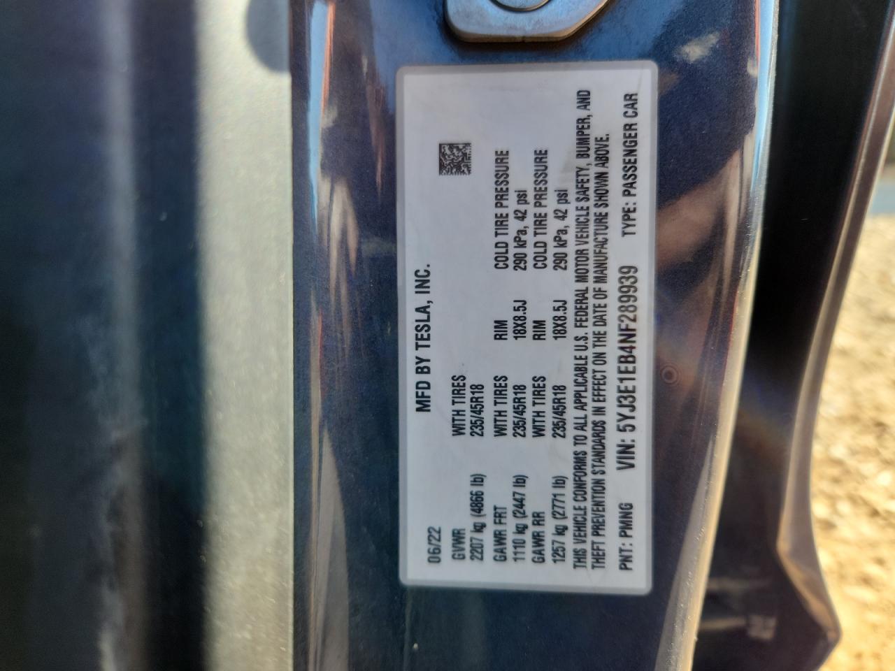 2022 Tesla Model 3 VIN: 5YJ3E1EB4NF289939 Lot: 71193305