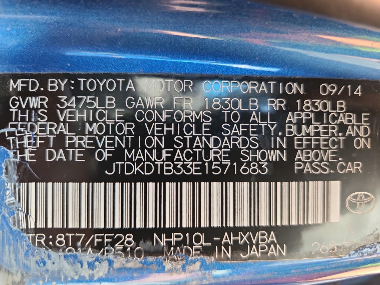 2014 Toyota Prius C VIN: JTDKDTB33E1571683 Lot: 86134675