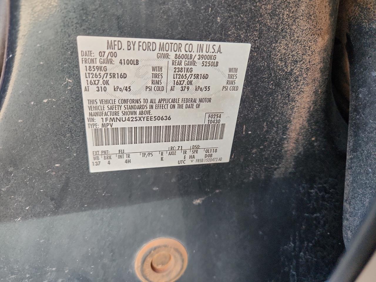 2000 Ford Excursion Limited VIN: 1FMNU42SXYEE50636 Lot: 86186505