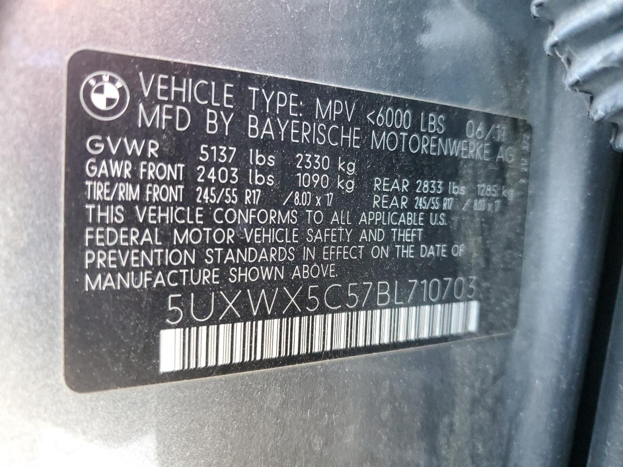 2011 BMW X3 xDrive28I VIN: 5UXWX5C57BL710703 Lot: 82308315