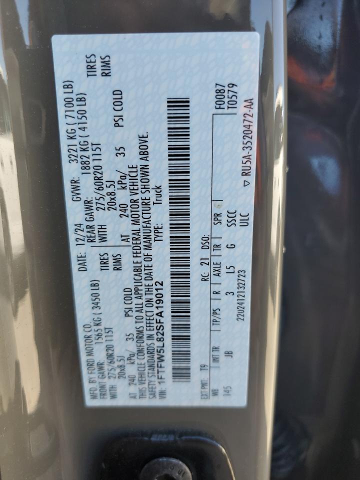 2025 Ford F150 Lariat VIN: 1FTFW5L82SFA19012 Lot: 86996115