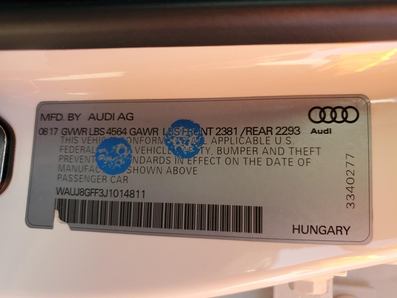 2018 Audi A3 Premium Plus VIN: WAUJ8GFF3J1014811 Lot: 85005915