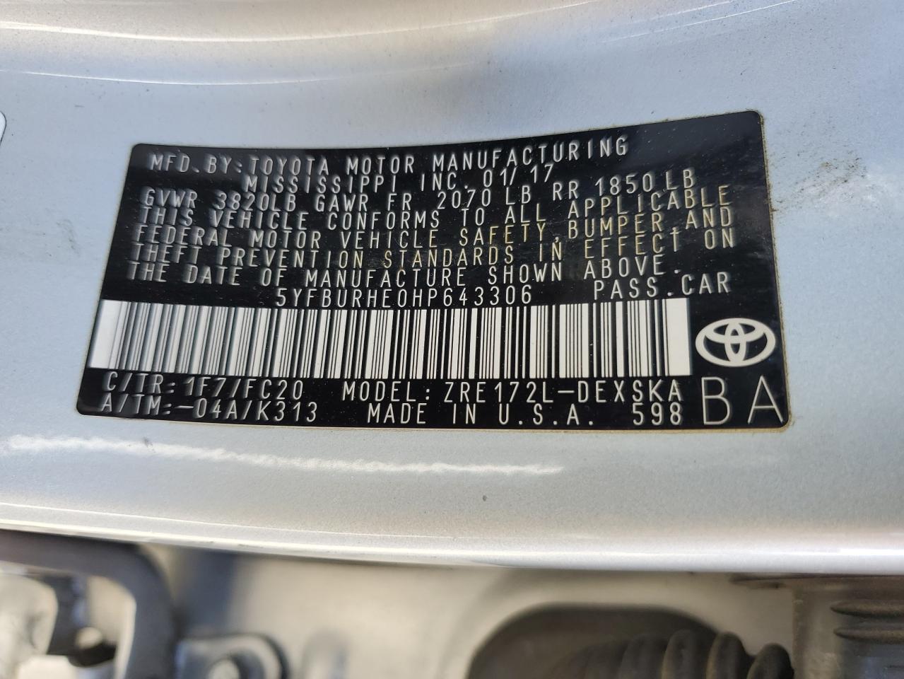 2017 Toyota Corolla L VIN: 5YFBURHE0HP643306 Lot: 84709165