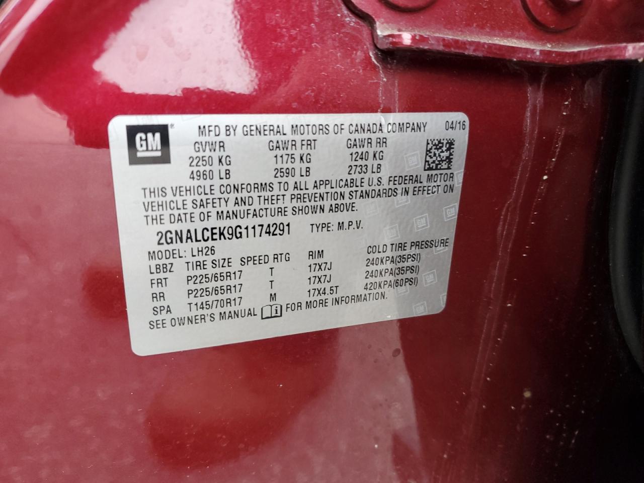 2016 Chevrolet Equinox Lt VIN: 2GNALCEK9G1174291 Lot: 86450545