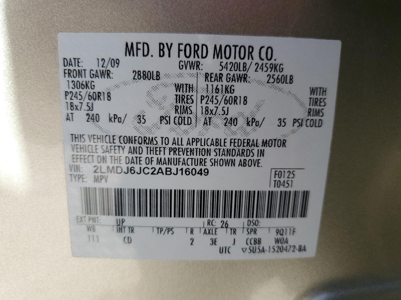 2010 Lincoln Mkx VIN: 2LMDJ6JC2ABJ16049 Lot: 87244315