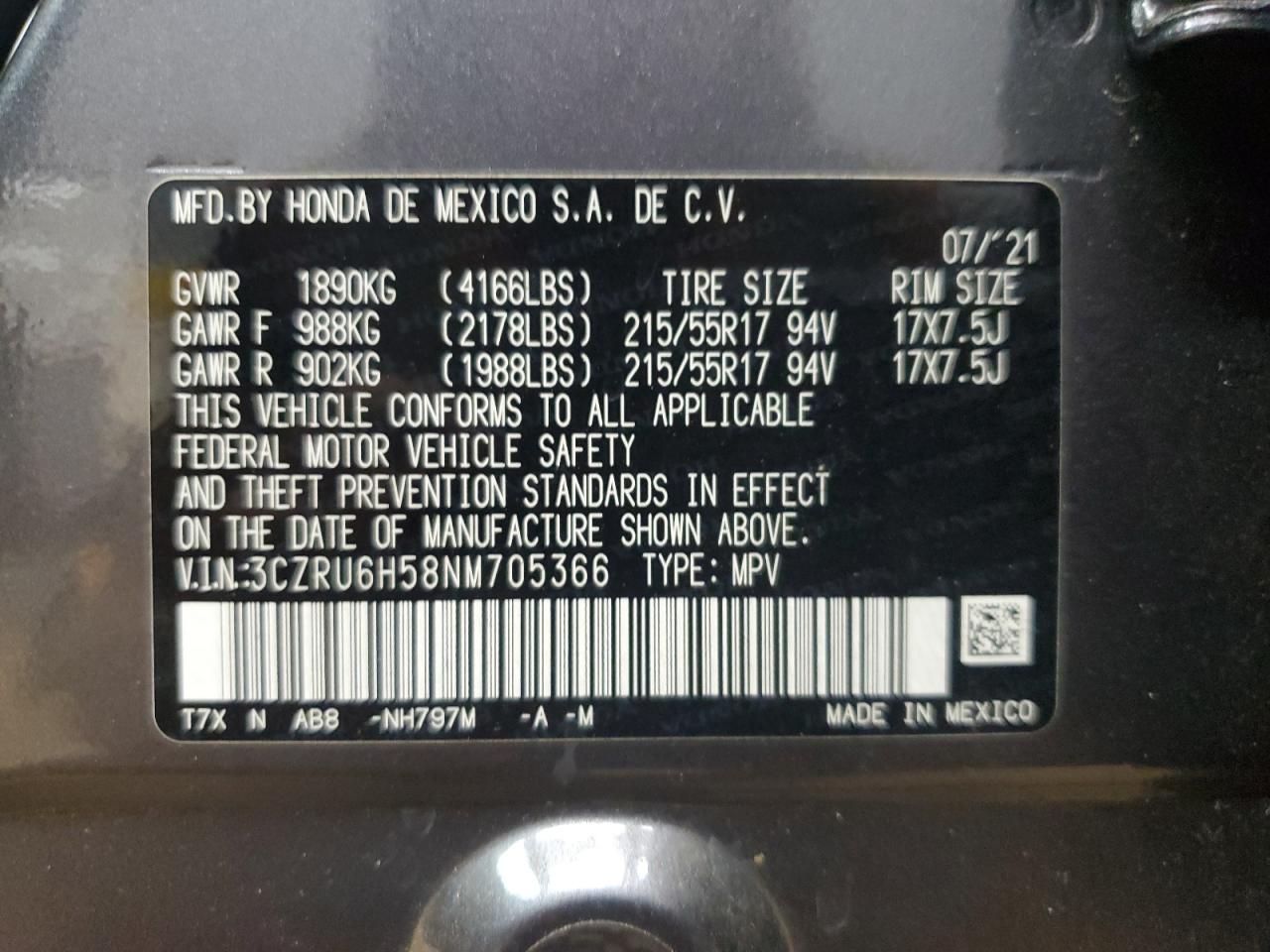 2022 Honda Hr-V Ex VIN: 3CZRU6H58NM705366 Lot: 85119455