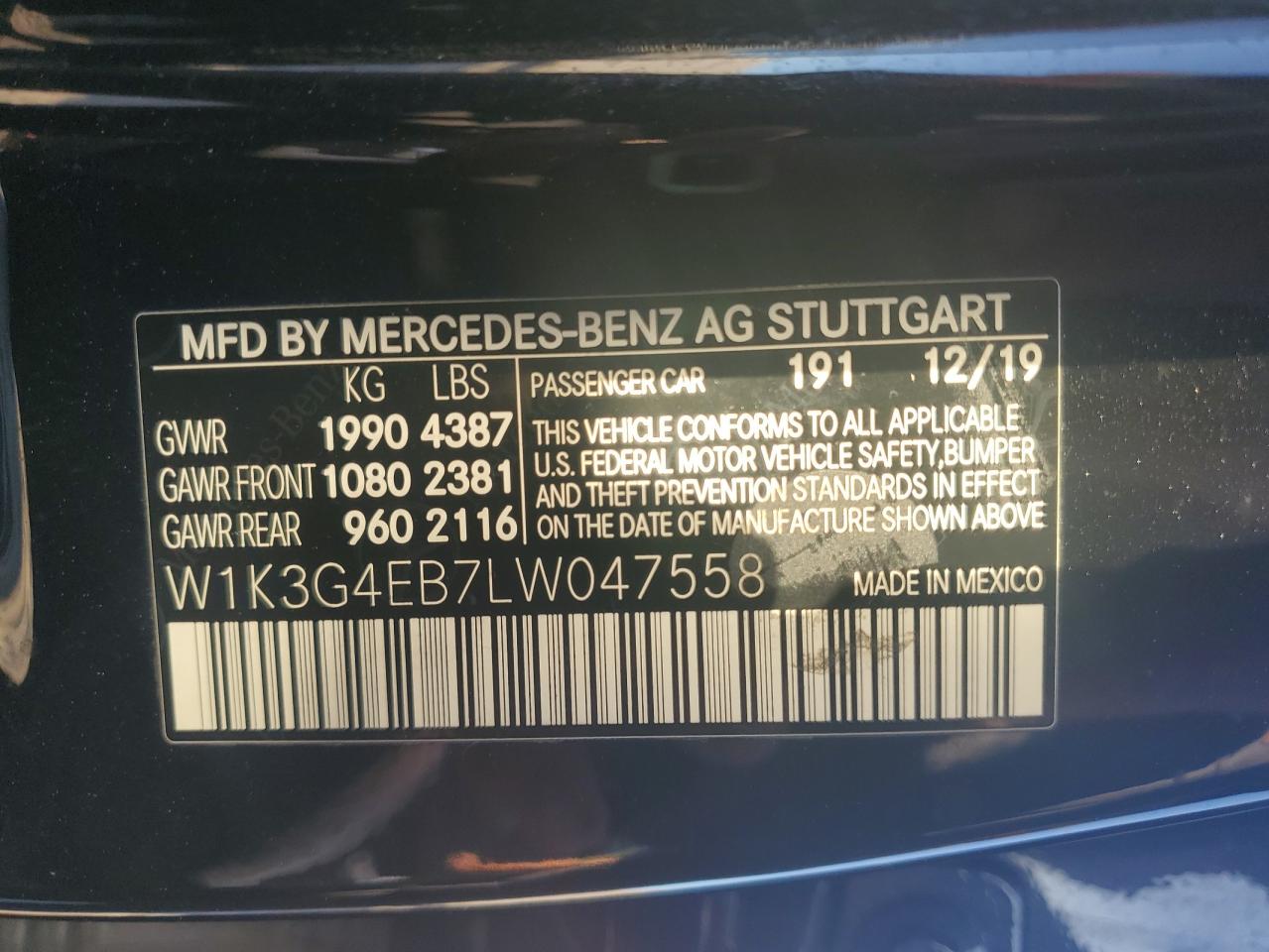 2020 Mercedes-Benz A 220 VIN: W1K3G4EB7LW047558 Lot: 86461375