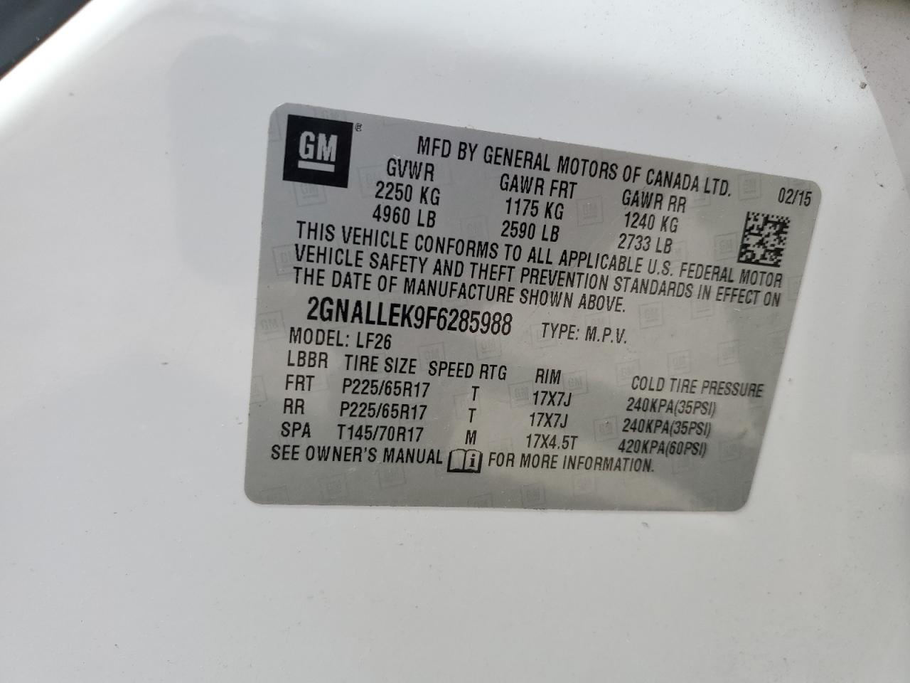 2015 Chevrolet Equinox L VIN: 2GNALLEK9F6285988 Lot: 85881285