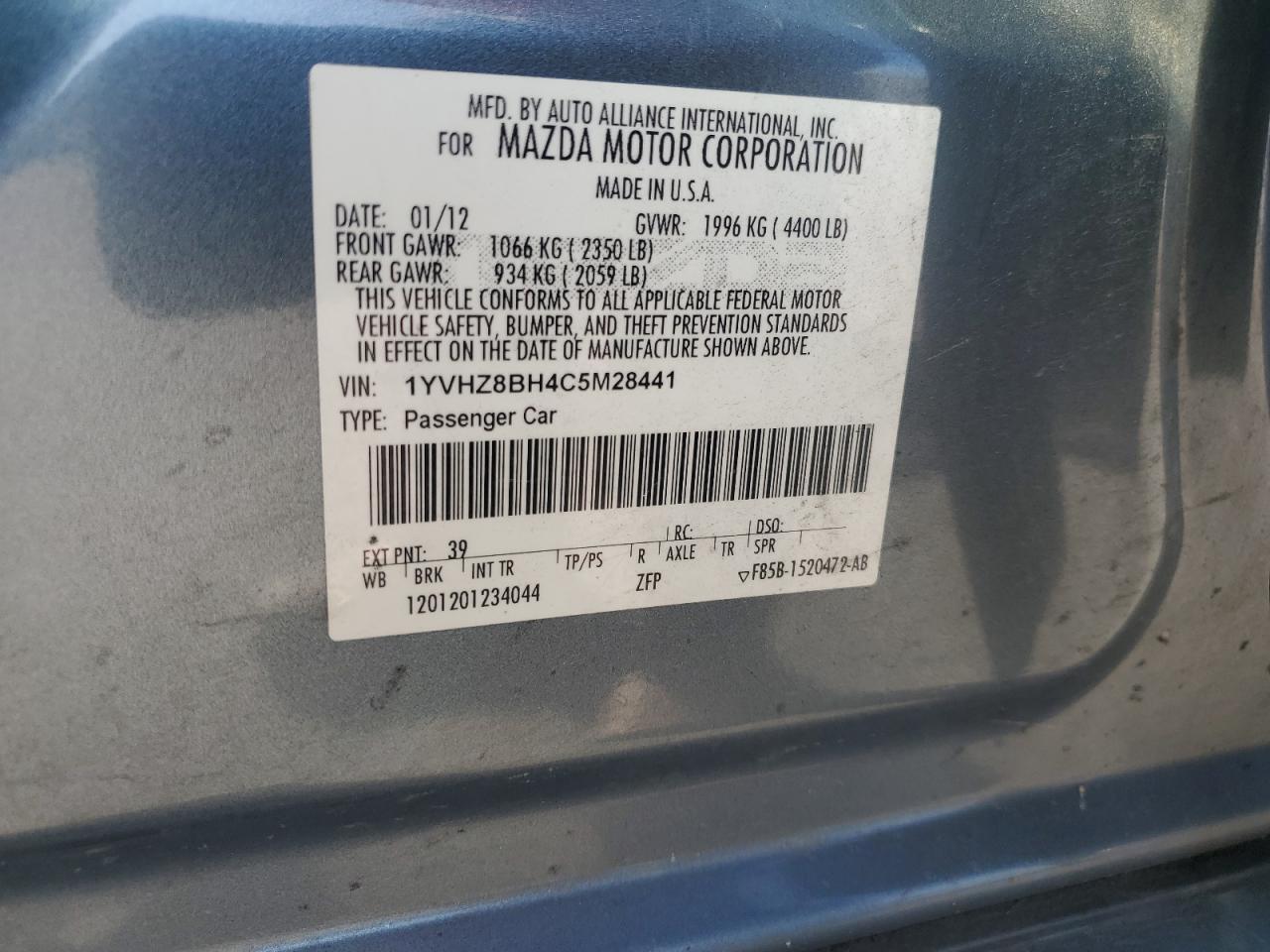 2012 Mazda 6 I VIN: 1YVHZ8BH4C5M28441 Lot: 81938875