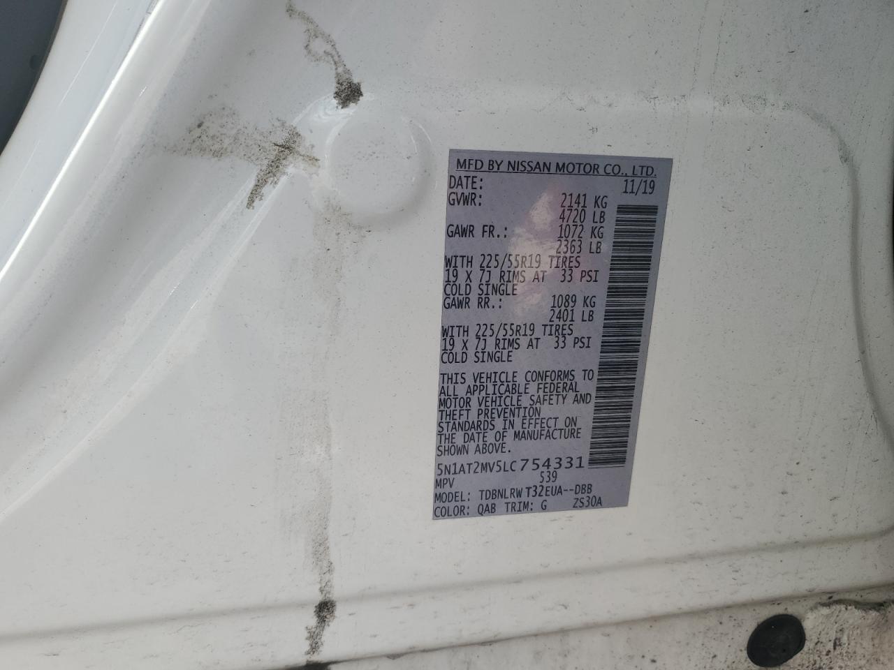 2020 Nissan Rogue S VIN: 5N1AT2MV5LC754331 Lot: 85869505