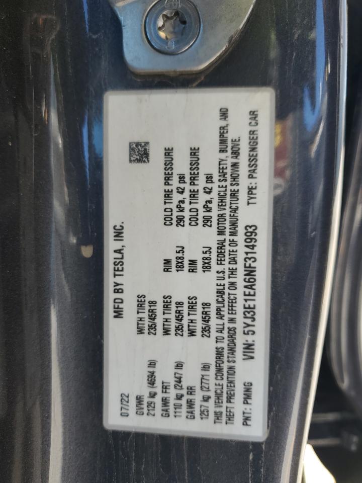 2022 Tesla Model 3 VIN: 5YJ3E1EA6NF314993 Lot: 87229825
