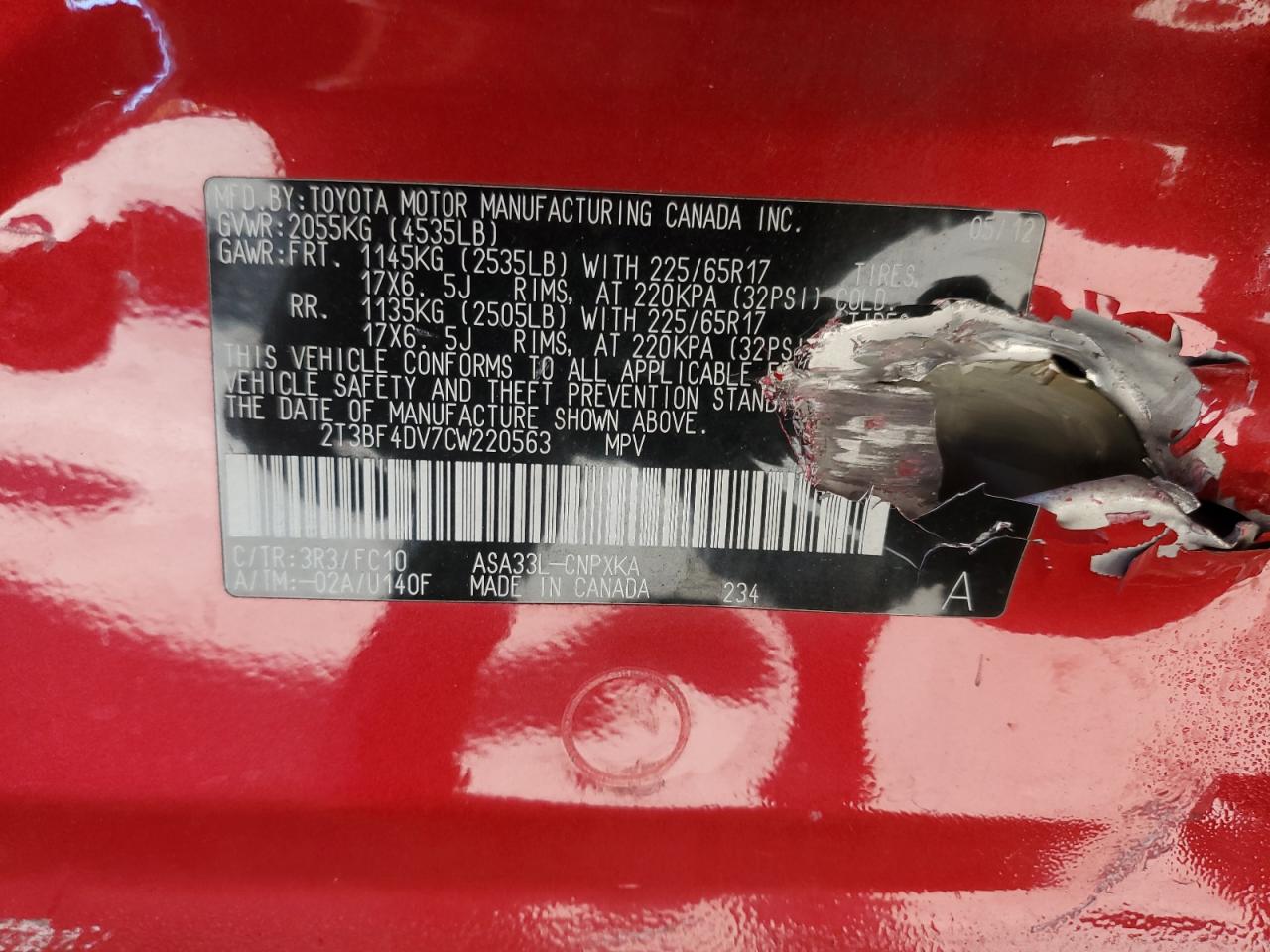 2012 Toyota Rav4 VIN: 2T3BF4DV7CW220563 Lot: 84874745