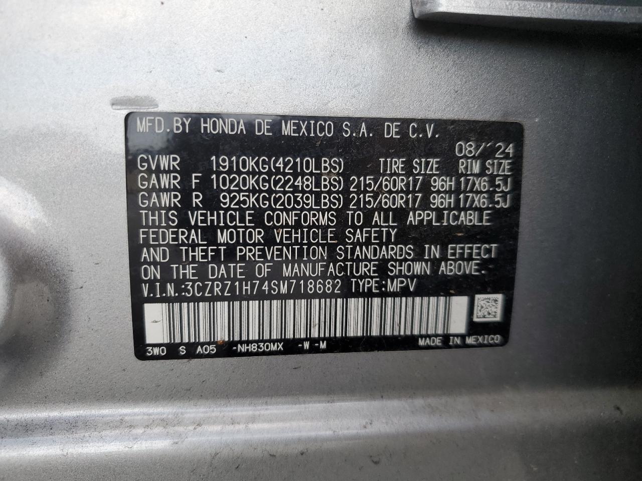 2025 Honda Hr-V Exl VIN: 3CZRZ1H74SM718682 Lot: 85927735