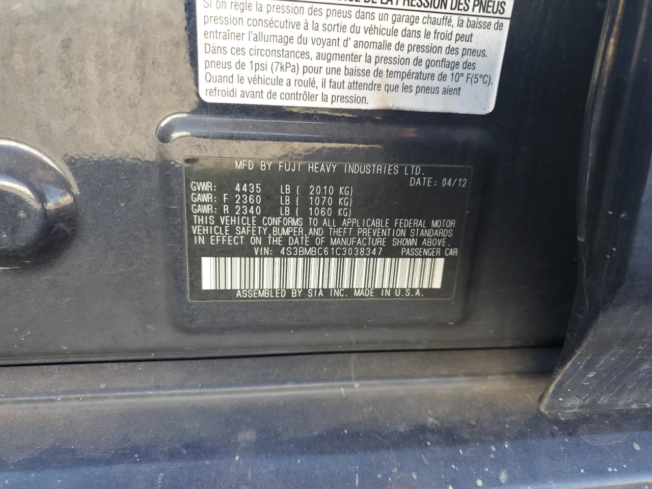 2012 Subaru Legacy 2.5I Premium VIN: 4S3BMBC61C3038347 Lot: 87128205