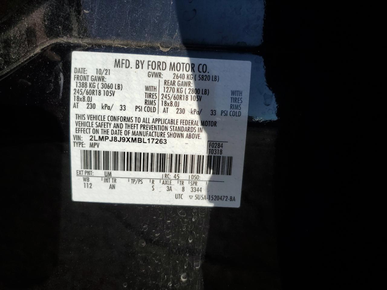 2021 Lincoln Nautilus VIN: 2LMPJ8J9XMBL17263 Lot: 84786945