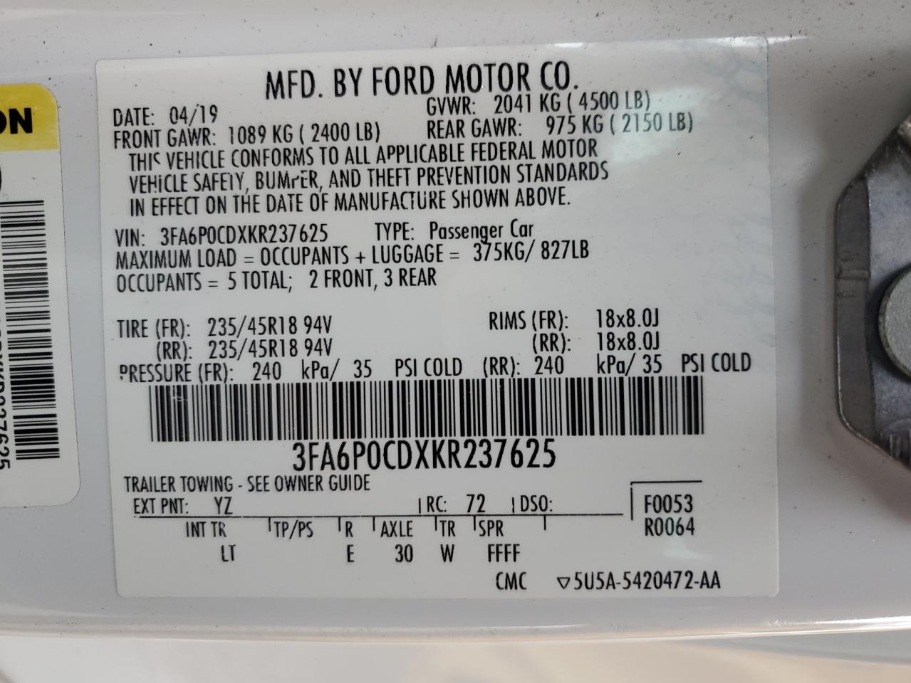 2019 Ford Fusion Sel VIN: 3FA6P0CDXKR237625 Lot: 90693595