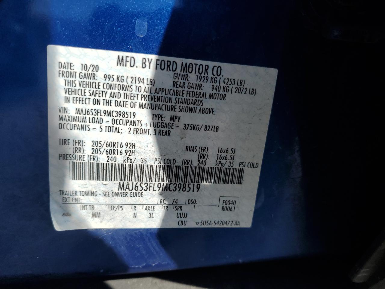 2021 Ford Ecosport S VIN: MAJ6S3FL9MC398519 Lot: 86186115