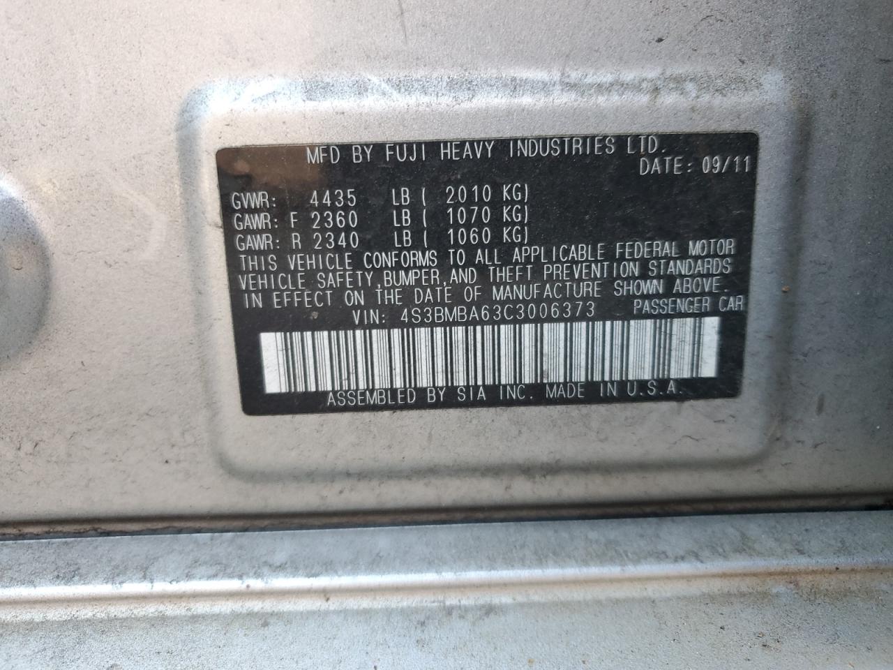 2012 Subaru Legacy 2.5I VIN: 4S3BMBA63C3006373 Lot: 82494195