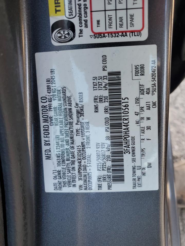 2012 Ford Fusion Se VIN: 3FAHP0HA4CR105615 Lot: 90702775