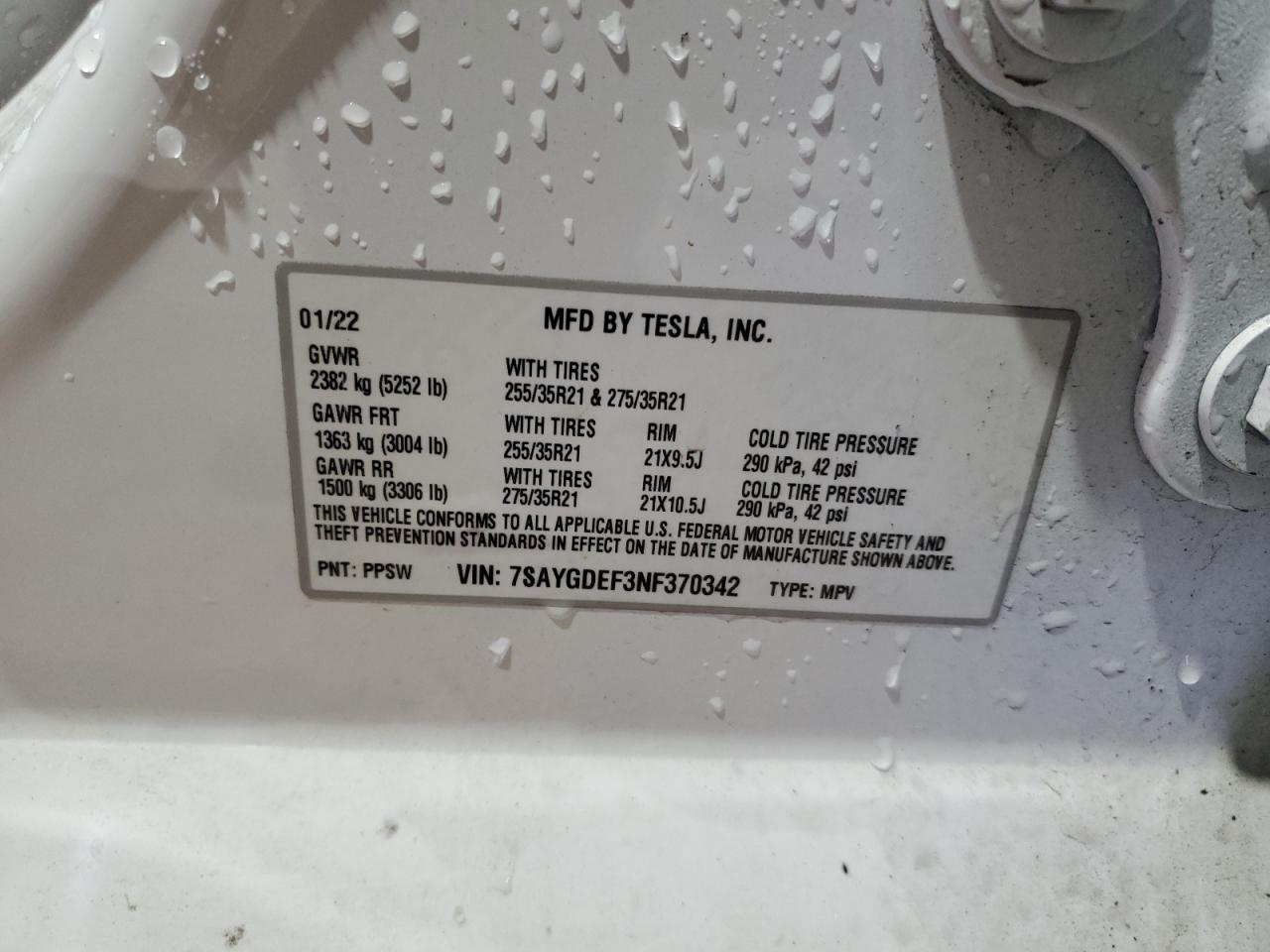 2022 Tesla Model Y VIN: 7SAYGDEF3NF370342 Lot: 90221975