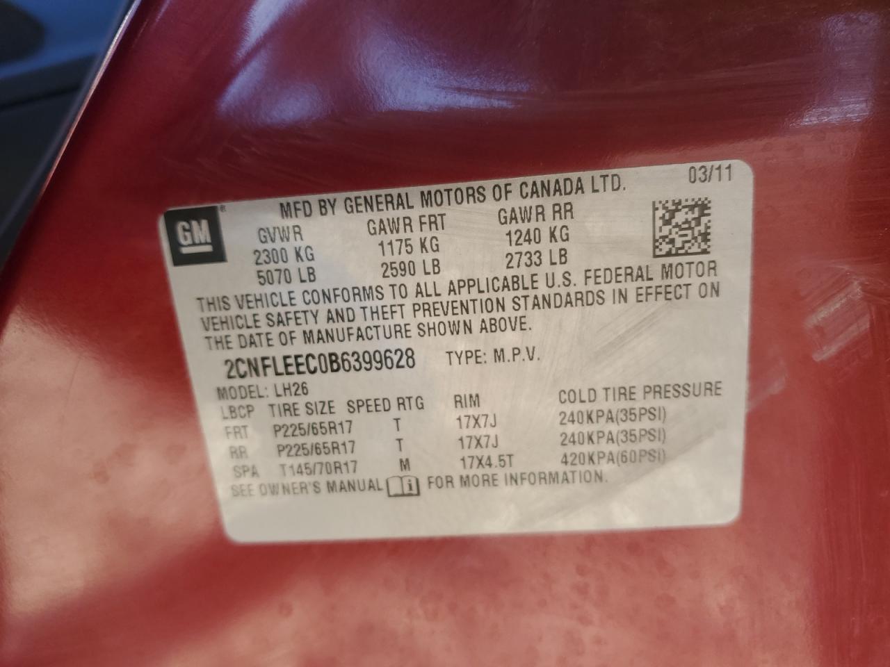 2011 Chevrolet Equinox Lt VIN: 2CNFLEEC0B6399628 Lot: 82240405