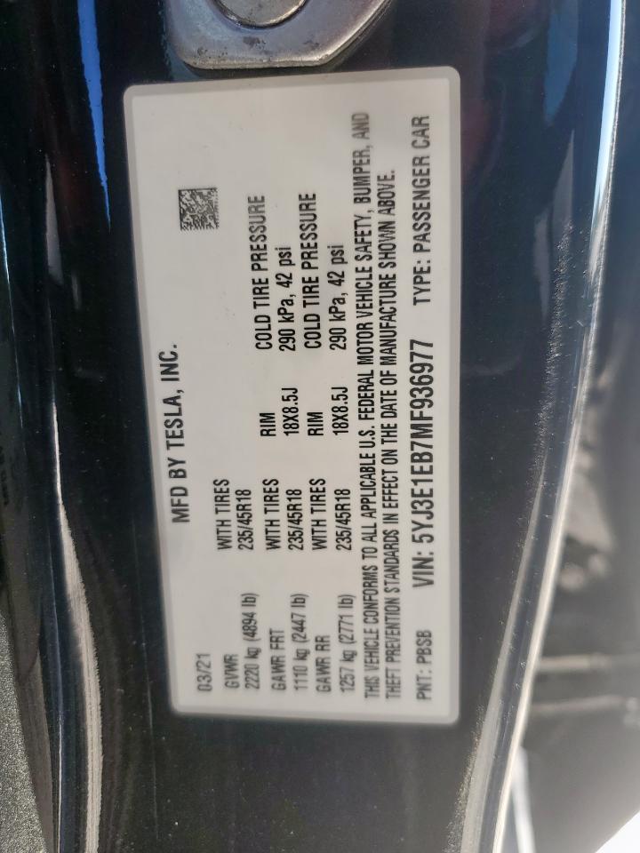 2021 Tesla Model 3 VIN: 5YJ3E1EB7MF936977 Lot: 90806915