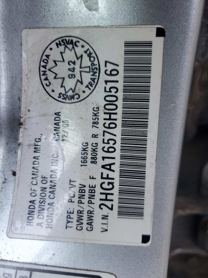 2006 Honda Civic Lx VIN: 2HGFA16576H005167 Lot: 80481435