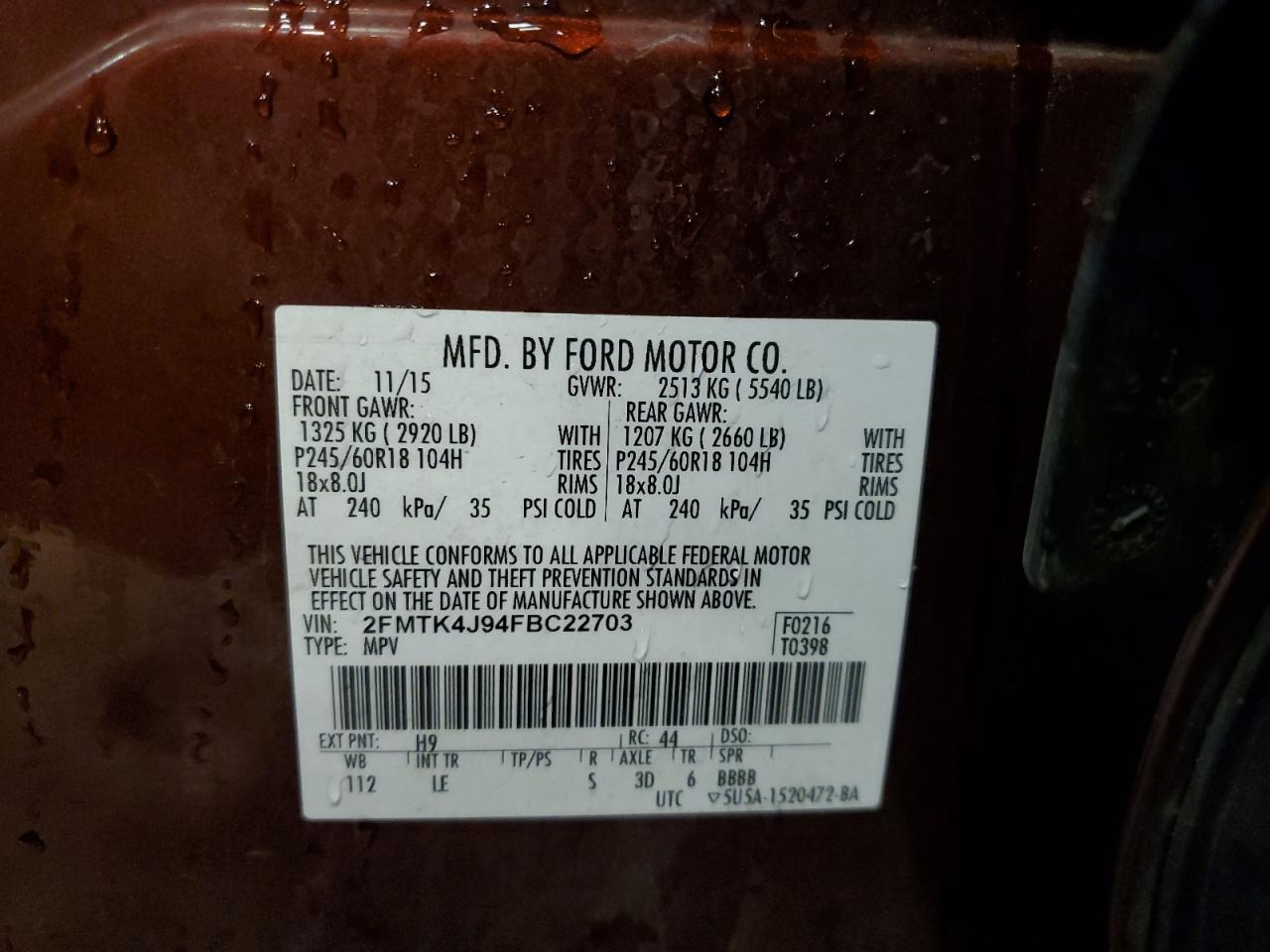 2015 Ford Edge Sel VIN: 2FMTK4J94FBC22703 Lot: 85351885