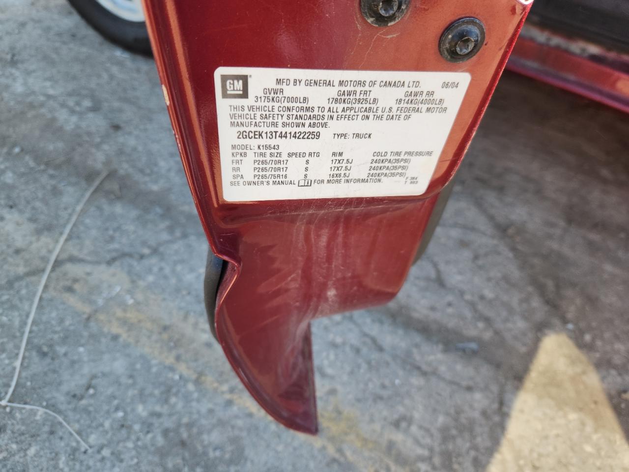 2004 Chevrolet Silverado K1500 VIN: 2GCEK13T441422259 Lot: 82371735