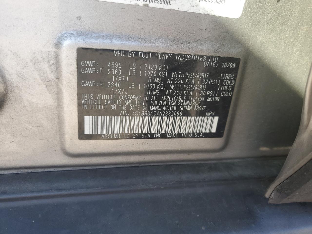 2010 Subaru Outback 3.6R Limited VIN: 4S4BRDKC4A2332098 Lot: 82232445