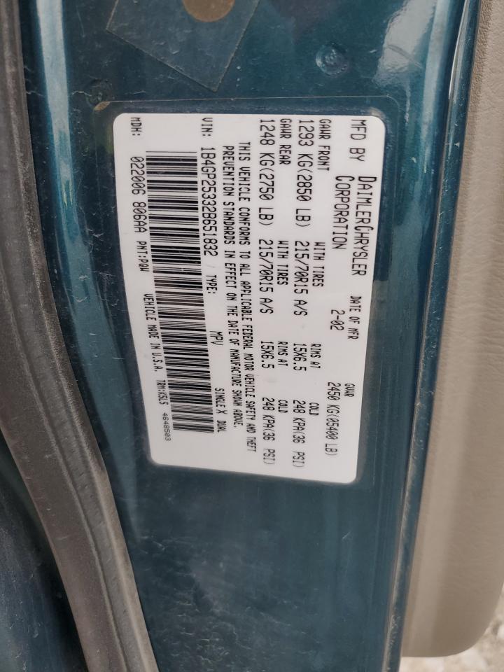 2002 Dodge Caravan Se VIN: 1B4GP25332B651832 Lot: 82278555