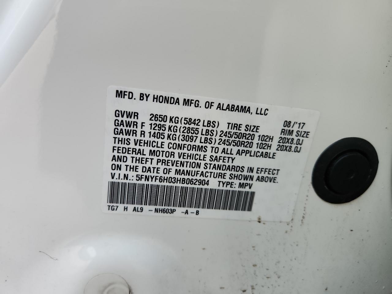 2017 Honda Pilot Elite VIN: 5FNYF6H03HB062904 Lot: 86542075