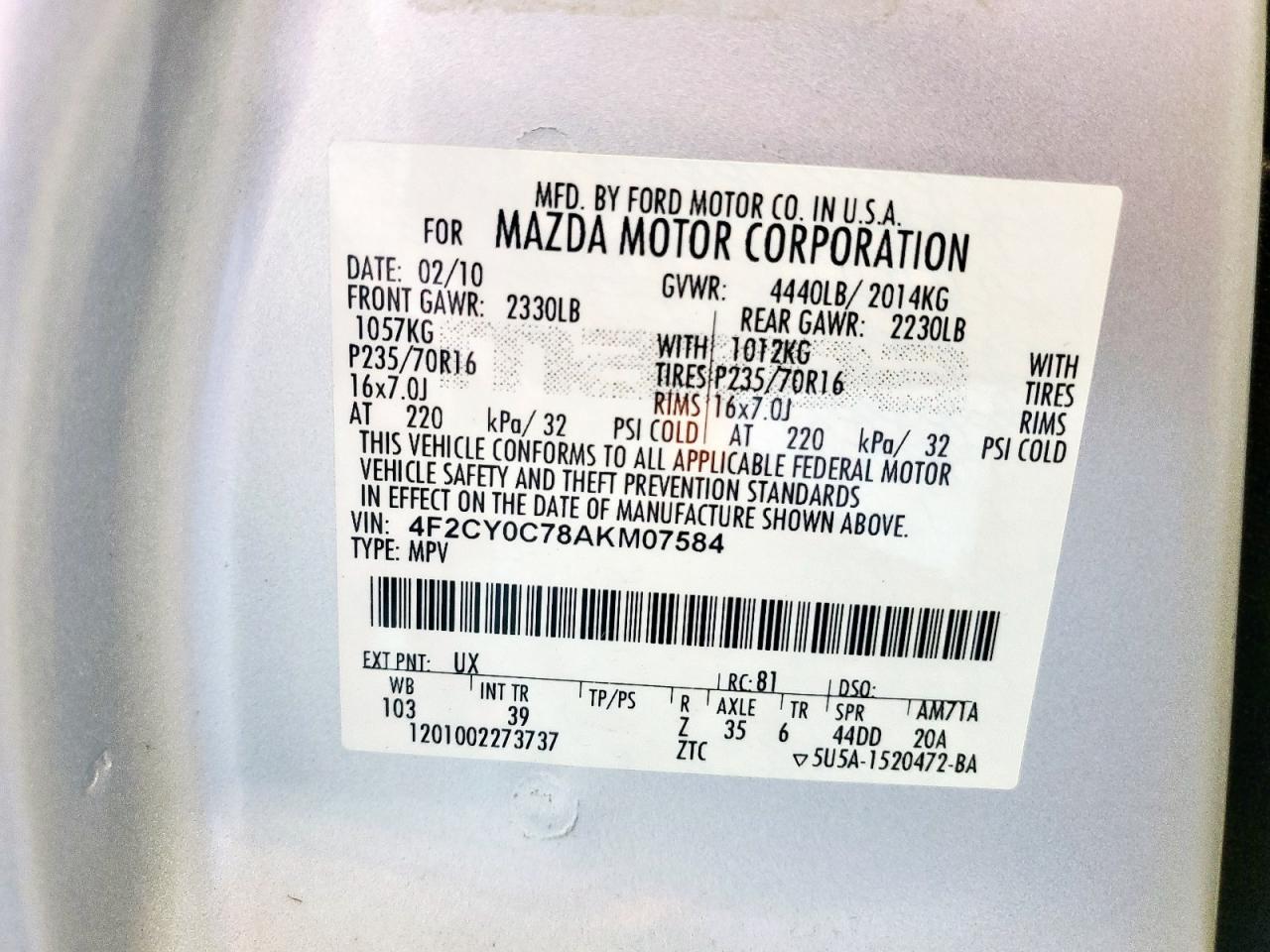 2010 Mazda Tribute I VIN: 4F2CY0C78AKM07584 Lot: 81980225