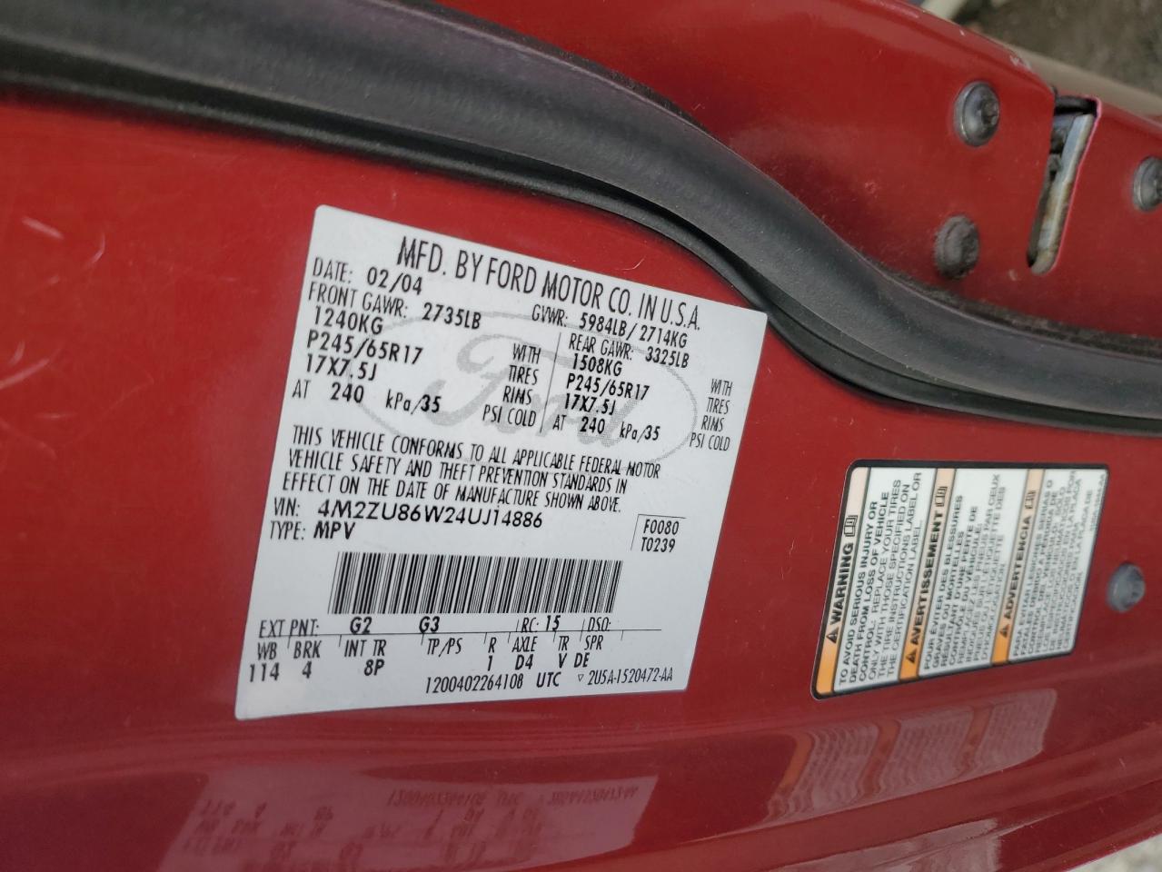 2004 Mercury Mountaineer VIN: 4M2ZU86W24UJ14886 Lot: 90744115