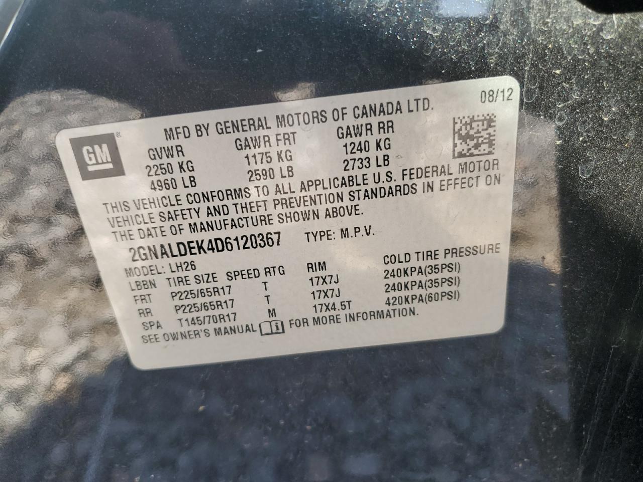 2013 Chevrolet Equinox Lt VIN: 2GNALDEK4D6120367 Lot: 82329785