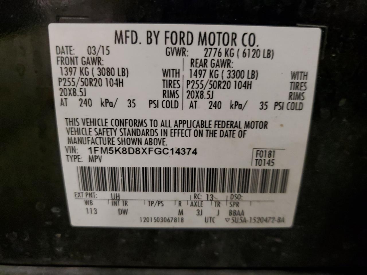 2015 Ford Explorer Xlt VIN: 1FM5K8D8XFGC14374 Lot: 82424245
