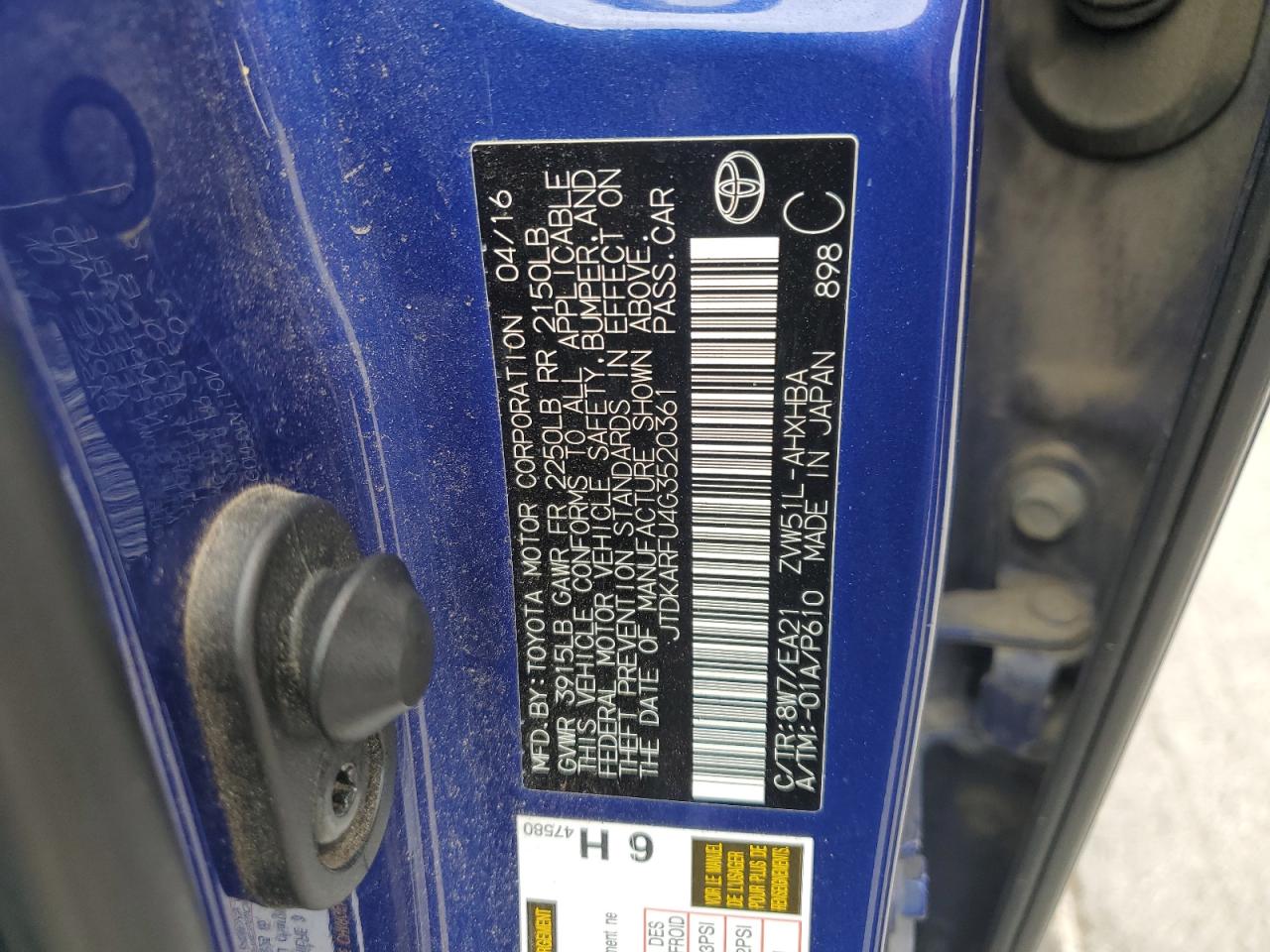 2016 Toyota Prius VIN: JTDKARFU4G3520361 Lot: 85709025