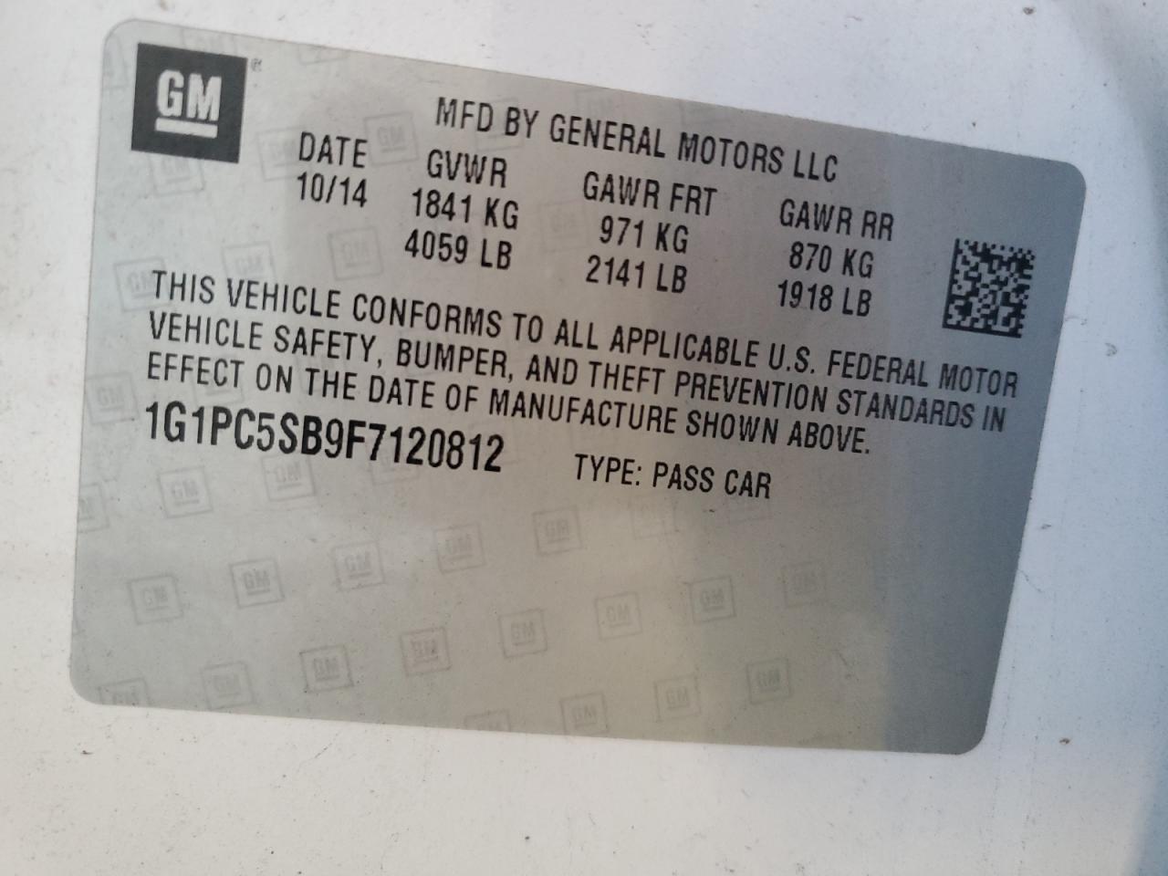 2015 Chevrolet Cruze Lt VIN: 1G1PC5SB9F7120812 Lot: 82266375