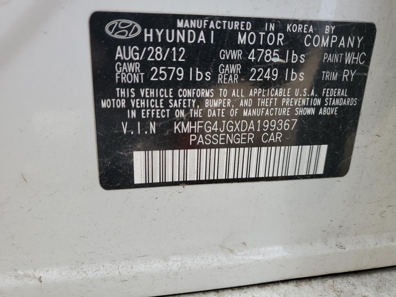 2013 Hyundai Azera VIN: KMHFG4JGXDA199367 Lot: 82405005
