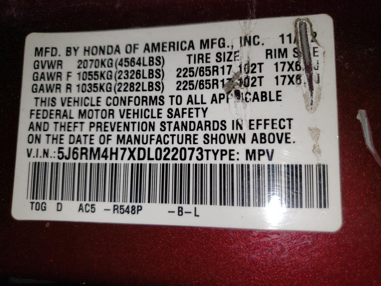 2013 Honda Cr-V Exl VIN: 5J6RM4H7XDL022073 Lot: 90935635